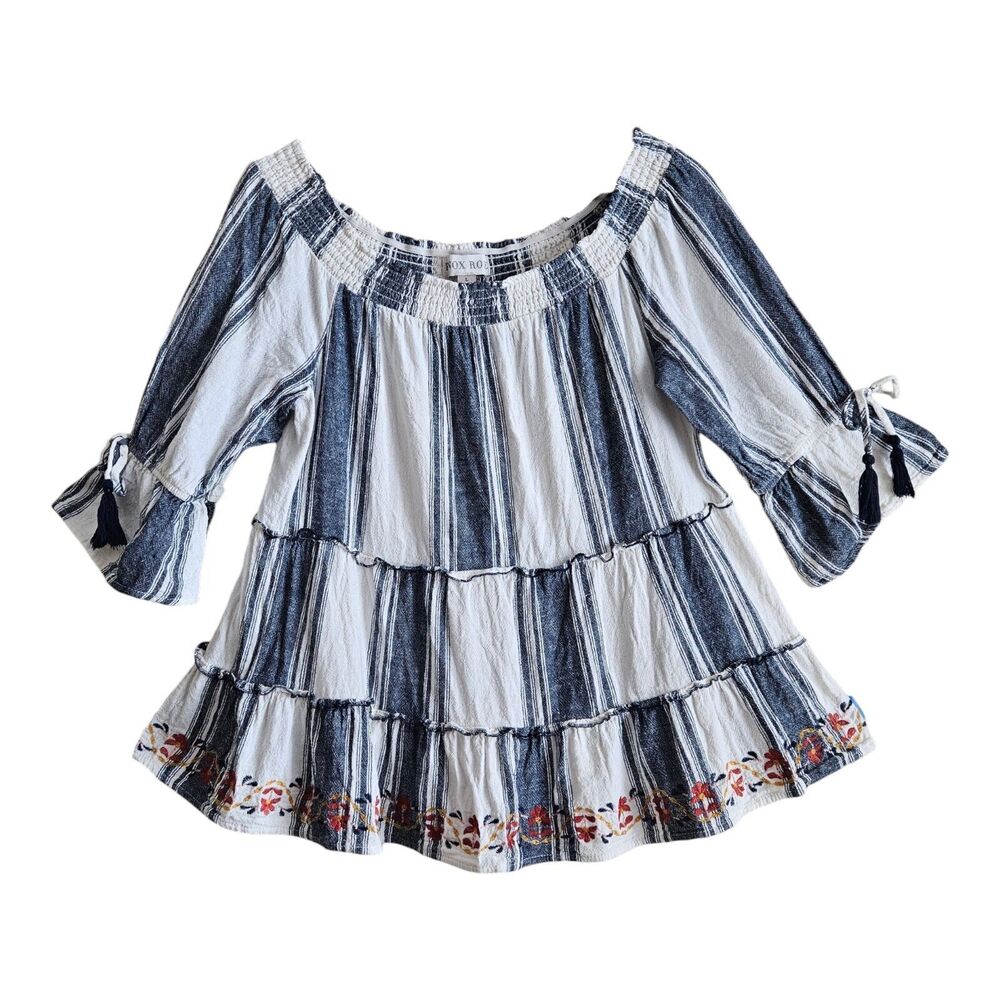KNOX ROSE Women's L Peasant Blouse Embroidered Linen Blend 3/4 Sleeve Tiered 38"